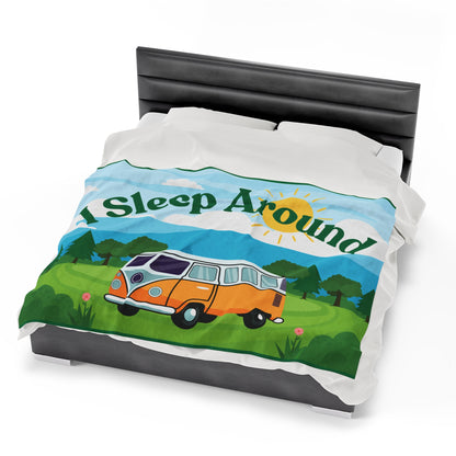 Retro Camper Van I Sleep Around Plush Blanket - Wander, Snooze, Repeat