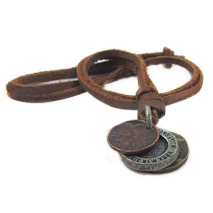 3 Coin Pendant Genuine Leather Choker